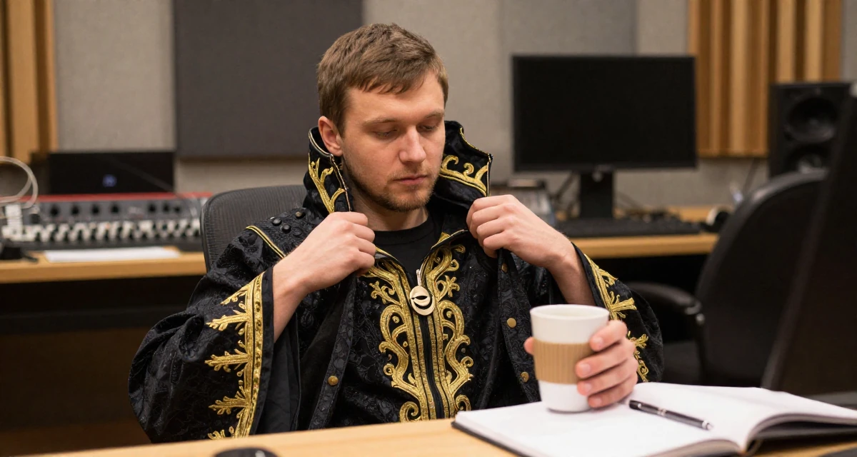 A calm male From Russia, majored in international trade in their 22, adjusting to the exhaustion of a 9-to-5 routine, wearing a high-fantasy sorceress robe with gold embroidery, holding a cup of coffee in a music studio.