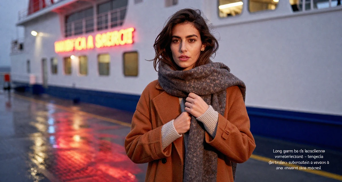 A guarded Female From Valencia Spain, learned lifestyle videography for warm climates in their 25, setting long-term goals for subscriptions and renewals, wearing a layered autumn coat and scarf, pulling a sweater sleeves over hands in a ferry deck.