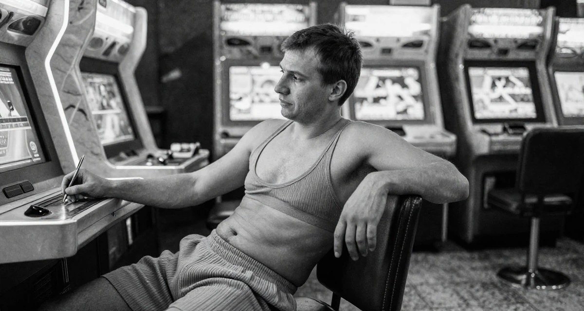 A emotional male From Russia, studied computer science at a technical university in their 31, enjoying the fruits of labor from the 20s, wearing a ribbed knit shorts and a matching bra top, holding a pen in a arcade room with neon lights.