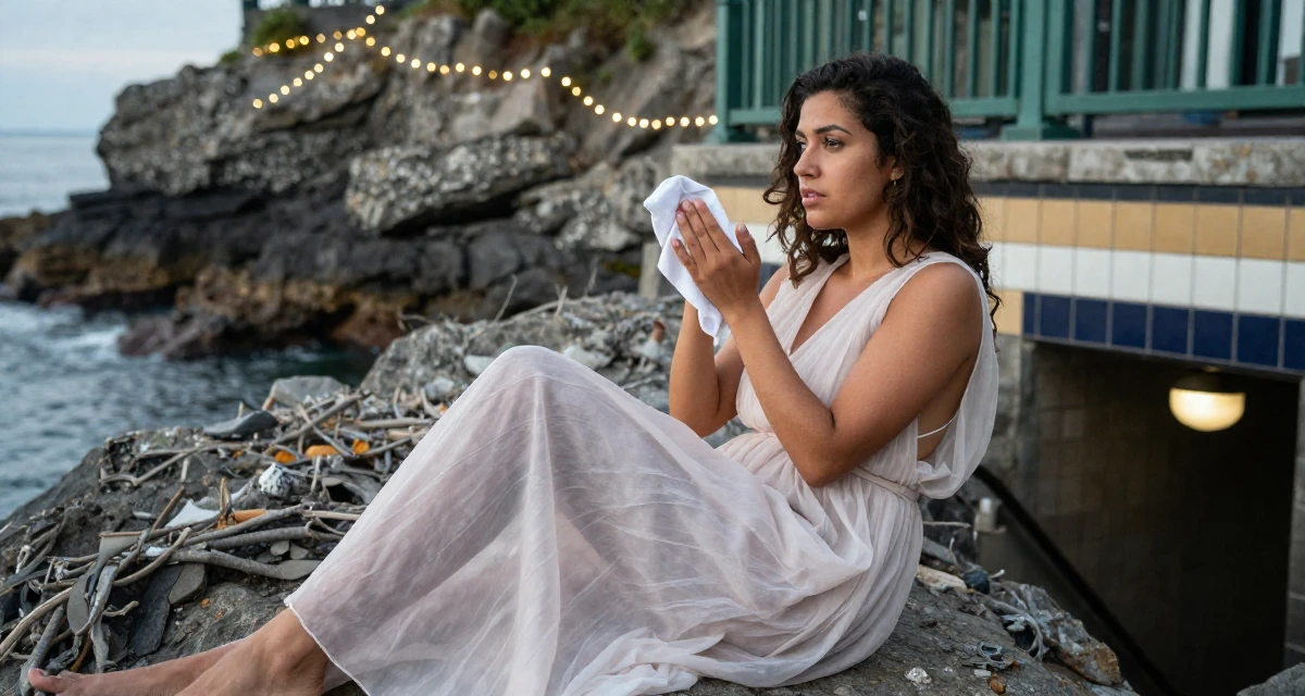 A yearning Female From Canada, studied hospitality management in their 22, developing a bold persona that feels authentically “me”, wearing a ethereal spirit dress made of flowing sheer chiffon, wiping hands in a rocky ocean cliff.