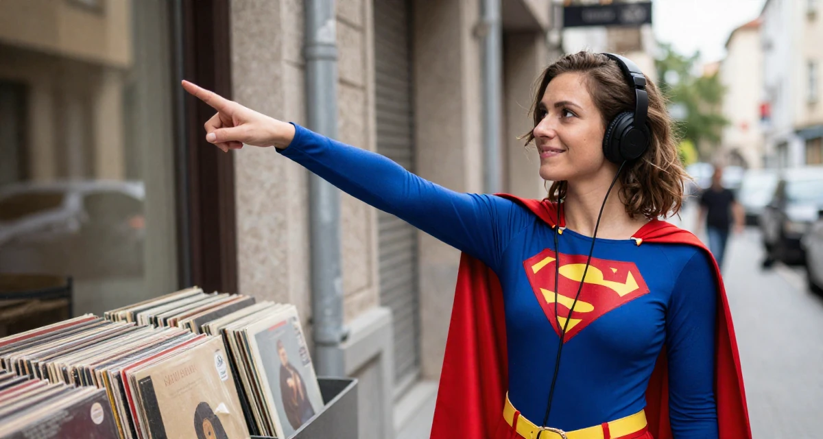A satisfied Female Grew up in Croatia, studied interaction design in their 24, exploring unconventional career paths, wearing a superheroine spandex suit with a cape, listening to music with headphones in a urban street.