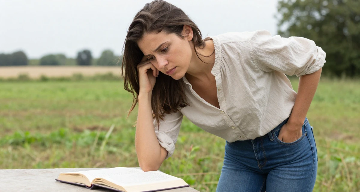 A wistful Female From France, based in Lyon, graduated from an arts school majoring in fashion communication in their 25, learning responsibility through small failures, wearing a loose fitting blouse tucked into tight jeans, reading a book intently in a farm field.