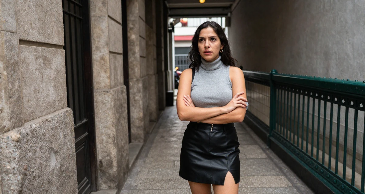 A fascinated Female From Honduras, majored in creative writing in their 36, sharing tips for organizing a chaotic home, wearing a fitted turtleneck sleeveless top and a leather mini skirt, rolling up sleeves in a narrow hallway.