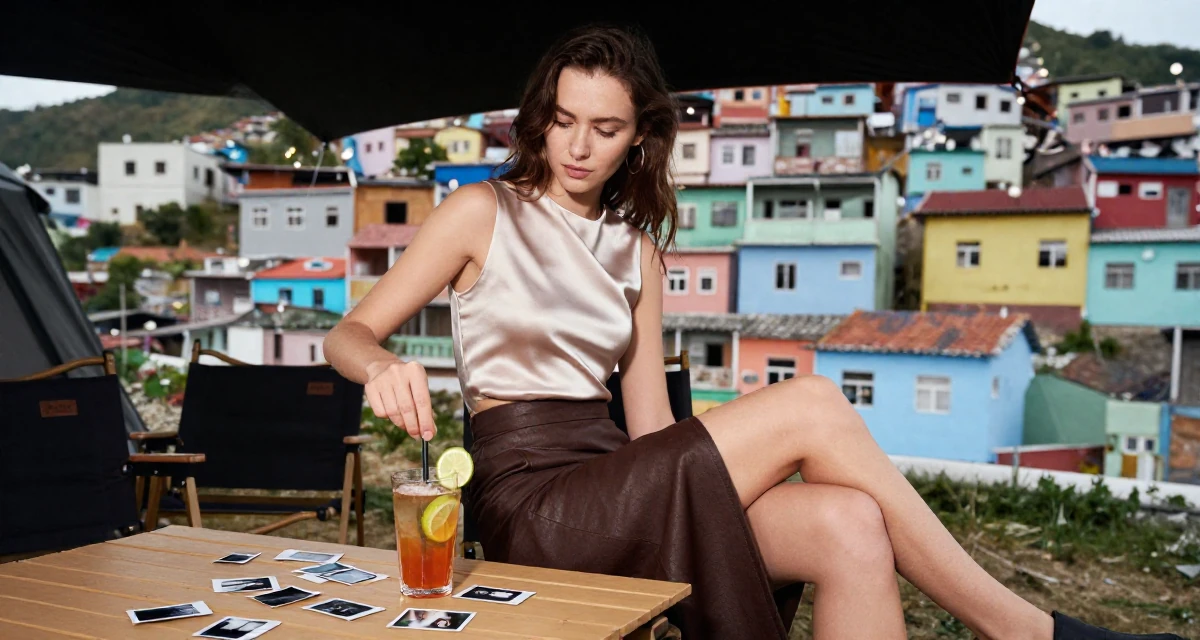 A bashful Female Born in Ukraine, majored in creative communication in their 31, enjoying the fruits of labor from the 20s, wearing a sleeveless silk top and a high-waisted skirt, stirring a drink in a camping site.