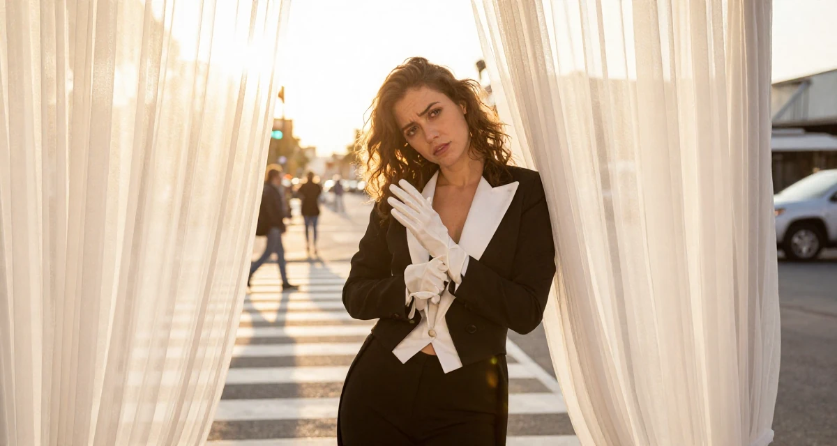 A puzzled Female From USA, has a background in real estate in their 23, tired of the hookup culture and dating apps, wearing a circus ringmaster outfit with a tailcoat, removing a glove in a busy crosswalk.