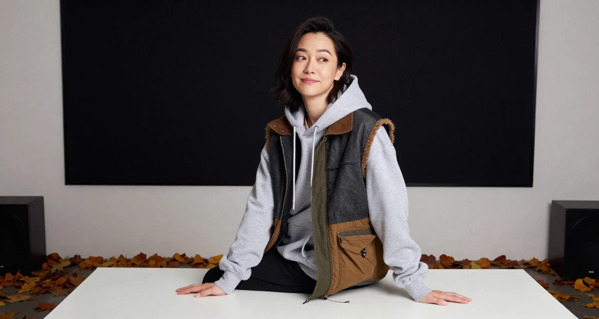 A witty Female From Hong Kong, majored in graphic design in their 30, rebuilding self-worth beyond content performance, wearing a layered vest over hoodie, resting hands on a table in a tv set.