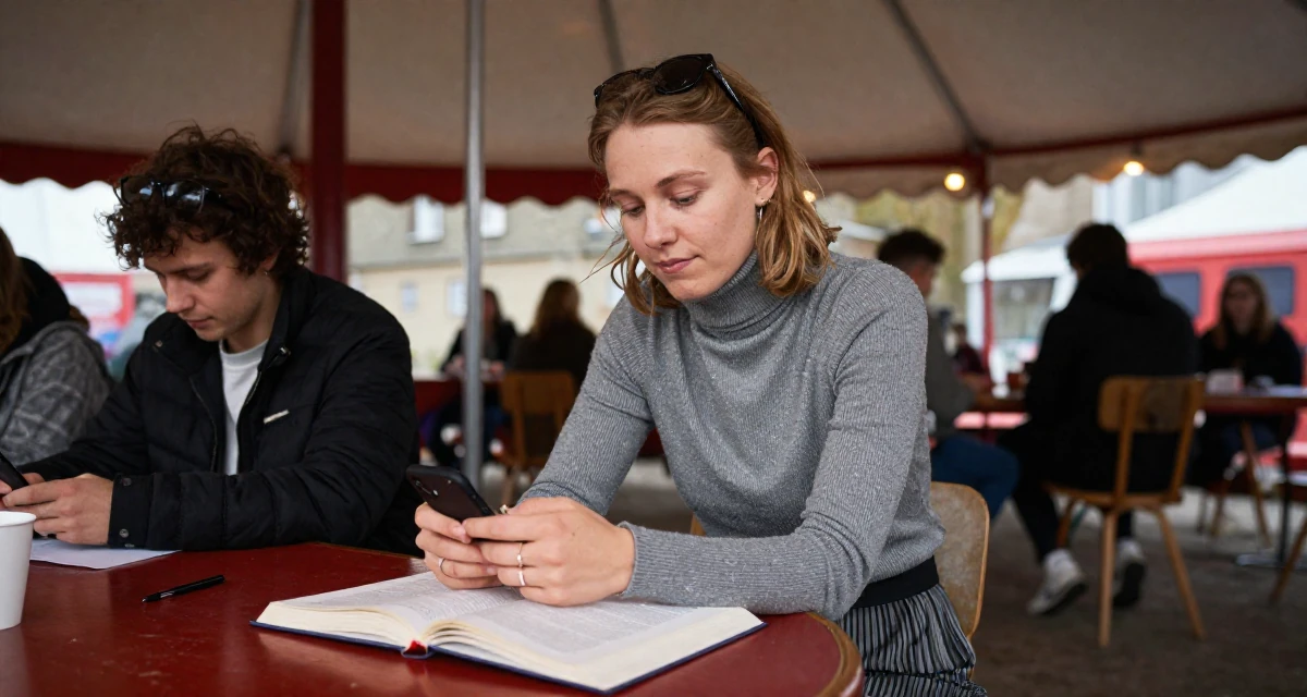 A carefree Female From Norway, based in Bergen, graduated from a regional college majoring in creative communication in their 26, dealing with younger competition while finding identity, wearing a fitted turtleneck and skirt, scrolling casually in a circus tent interior.
