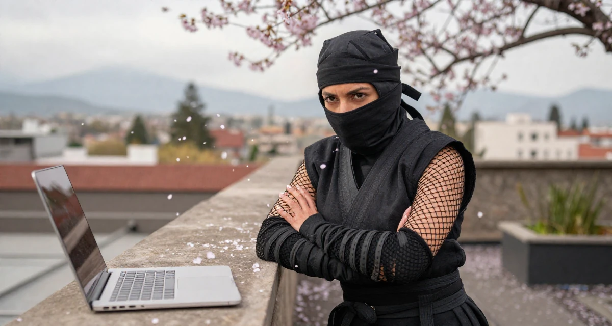A determined Female From Guatemala, studied computer networks in their 31, feeling the biological clock or societal pressure, wearing a ninja kunoichi outfit with fishnet details, crossing arms confidently in a rooftop garden.