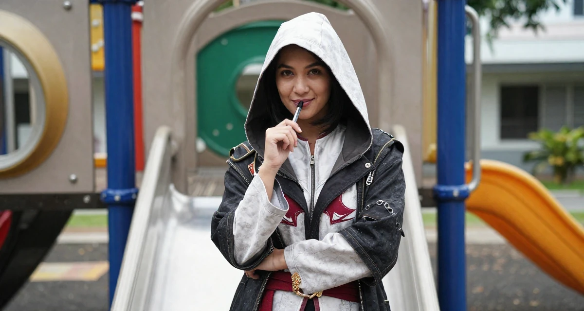 A positive Female From Malaysia, based in Malacca, graduated from a creative college majoring in sensual composition design in their 55, exploring digital entrepreneurship, wearing a assassin creed style hooded robe and tunic, chewing on a pen thoughtlessly in a school playground.