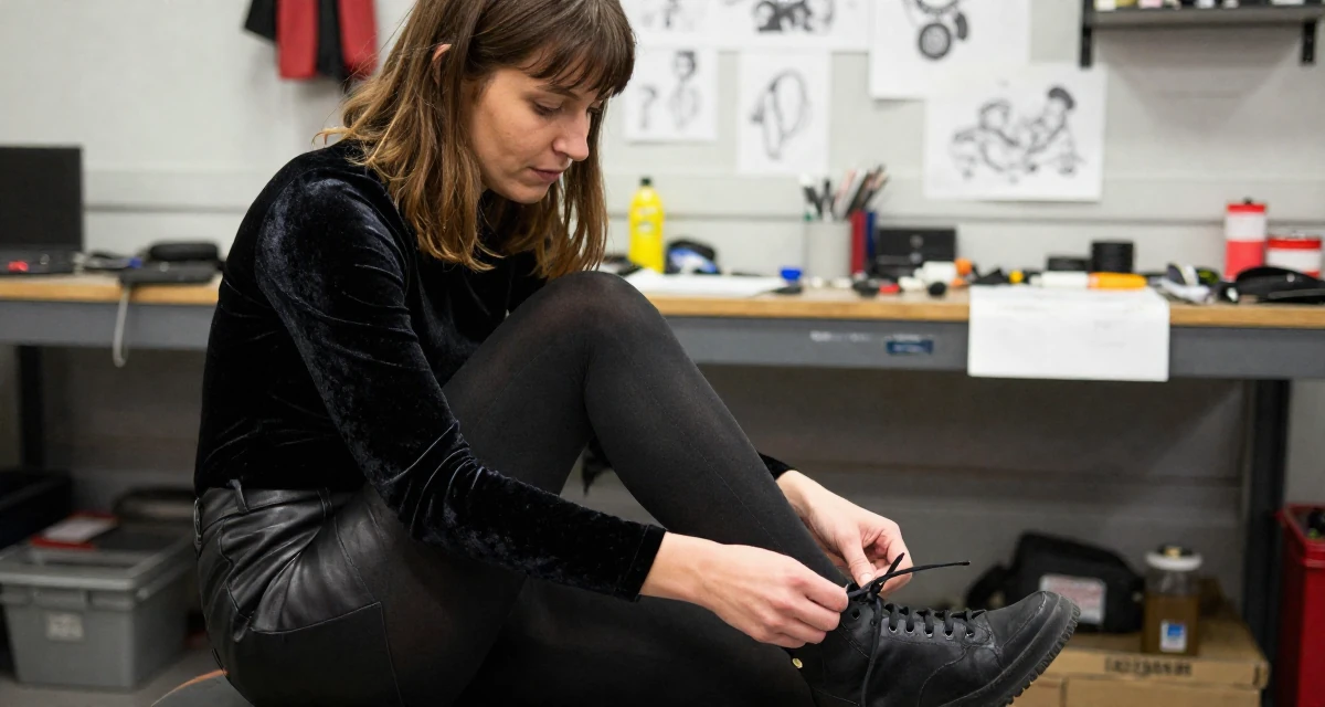 A patient Female From Tampere Finland, learned intimate storytelling through slow-mode videography in their 22, figuring out what content brings recurring subs, wearing a fitted velvet top and a leather skirt, tying a shoelace in a mechanic garage.