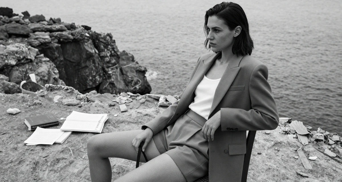 A composed Female Former Uber driver, now building slow-burn lifestyle storytelling in their 22, creating slow-burn sensual concepts, wearing a tailored shorts suit with a matching jacket, holding a leash in a rocky ocean cliff.