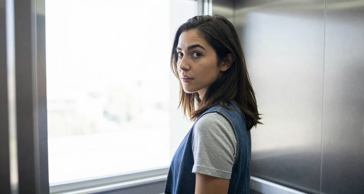 A intense and captivating Female Once a university researcher, now creating slow-life intimate content in their 25, evaluating long-term career opportunities, wearing a casual vest and t-shirt layer, posing for a selfie in a corporate elevator.