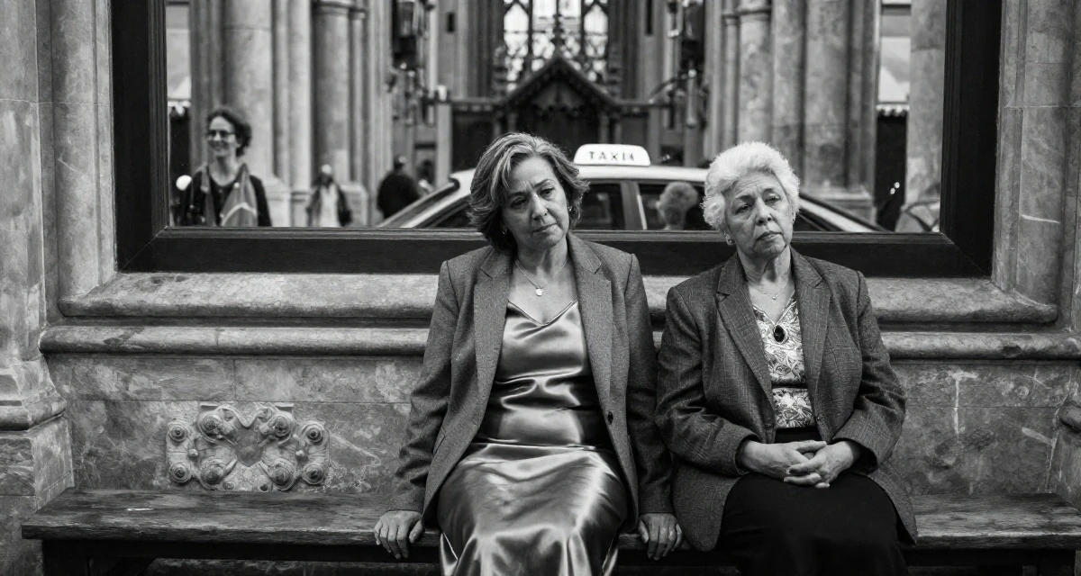 A bashful Female Born in South Africa, studied political communication in their 40, supporting aging parents, wearing a satin slip skirt paired with a structured blazer, waiting for a taxi in a gothic cathedral interior.