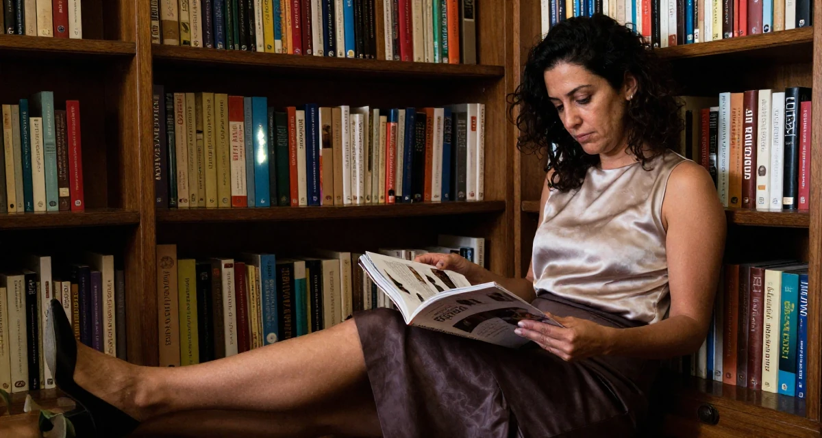 A grounded Female From Lisbon Portugal, majored in digital communication in their 22, embracing a more mature, sultry brand identity, wearing a sleeveless silk top and a high-waisted skirt, flipping through a magazine in a quiet library corner.