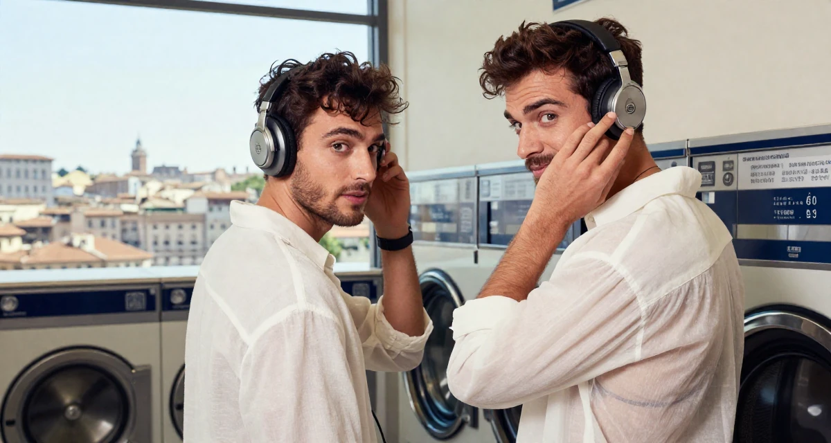 A witty male From Rome Italy, studied classical body aesthetics and figure drawing in their 25, focusing on deep meaningful friendships, wearing a translucent white blouse and a dark bra underneath, adjusting headphones in a laundromat.
