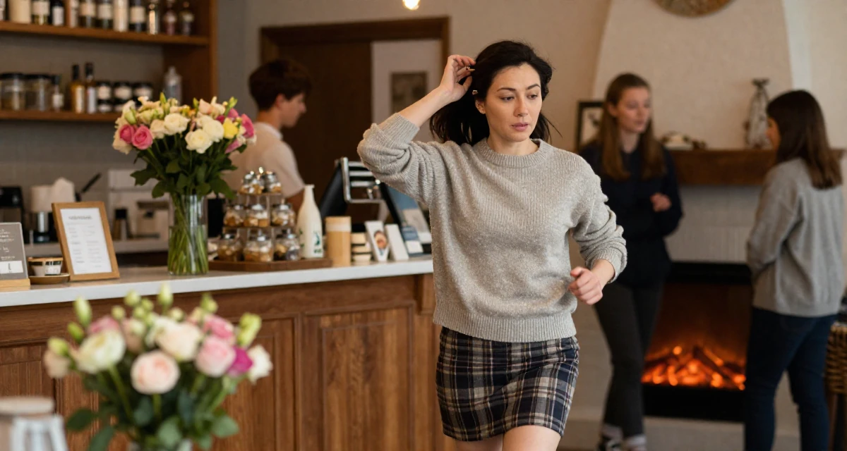 A sentimental Female From Chinese-speaking regions, studied mechanical design in their 46, running a household with teens, wearing a fitted merino wool sweater and plaid mini skirt, adjusting a hairpin in a bakery counter.