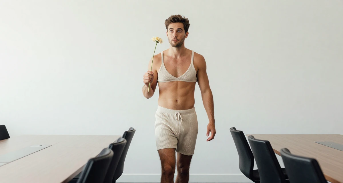 A whimsical male From Australia, studied marine biology on the coast in their 22, balancing ambition with realistic expectations, wearing a ribbed knit shorts and a matching bra top, holding a flower in a conference room.