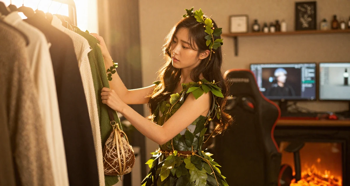 A thoughtful Female From South Korea, has a background in cosmetics chemistry in their 22, trying to build a capsule wardrobe on a budget, wearing a forest dryad costume made of leaves and vines, holding a purse tightly in a gaming room.