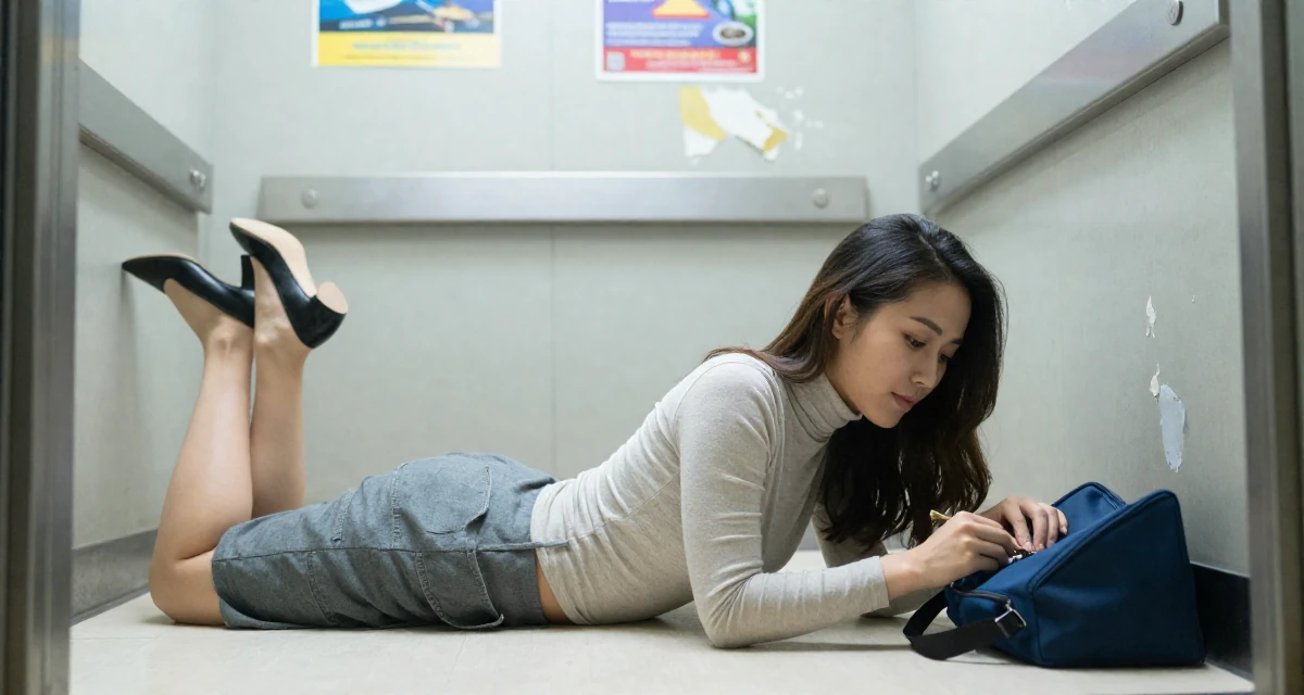 A nostalgic Female From Vietnam, based in Da Nang, graduated from a local university majoring in e-commerce in their 28, leading a small team for the first time, wearing a fitted turtleneck and skirt, zipping up a bag in a elevator hall.