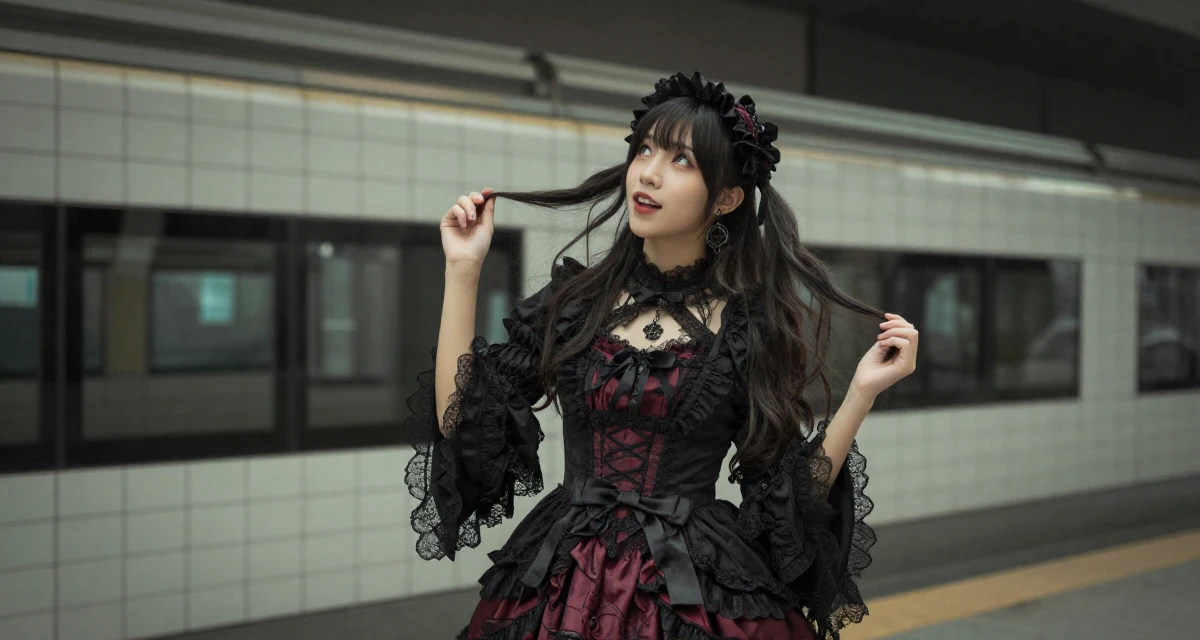 A playful and energetic Female From Johor Malaysia, learned portrait photography through freelance work in their 47, solo traveler exploring the world in luxury, wearing a elaborate gothic lolita dress with frills and lace, gazing at the sky in a urban street.