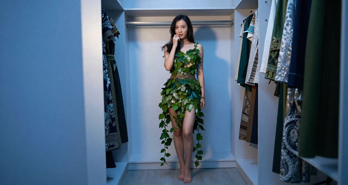 A self-assured Female From Mongolia, majored in history and culture in their 28, facing that growth sometimes plateaus for months, wearing a forest dryad costume made of leaves and vines, biting the lower lip softly in a walk-in closet.