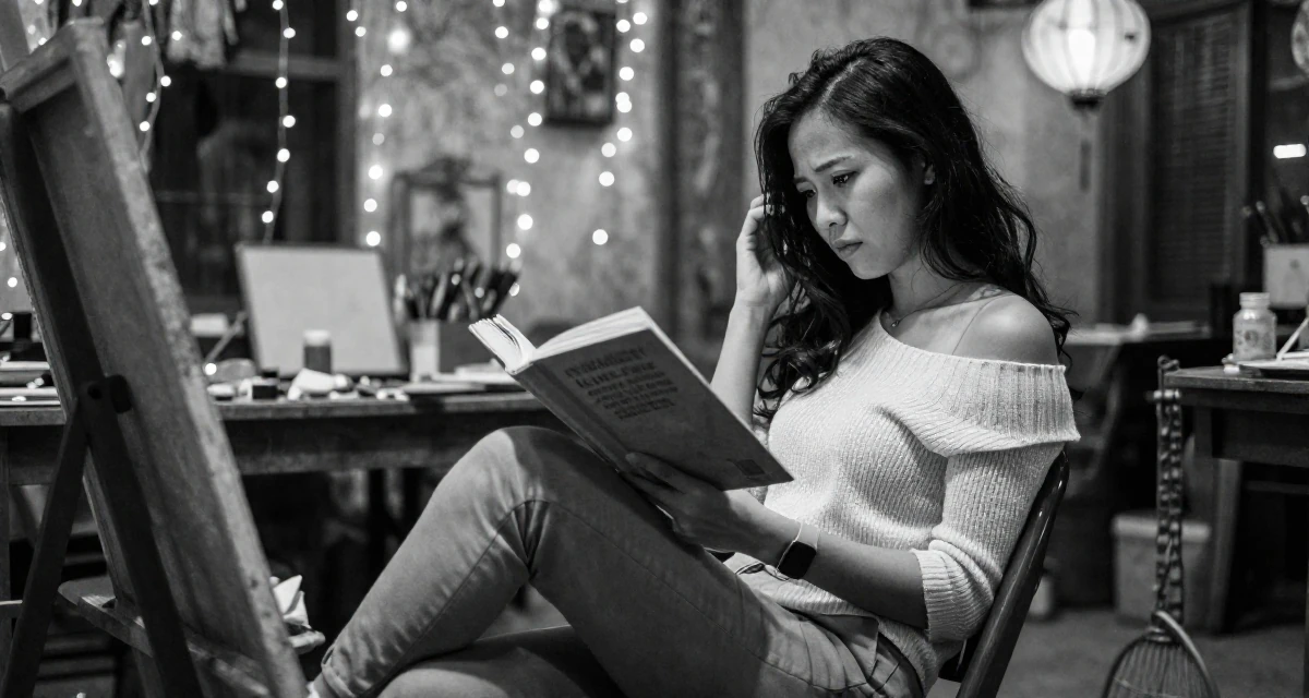 A troubled Female From Vietnam, majored in social work in their 24, looking for meaning beyond the paycheck, wearing a off-the-shoulder knit top and fitted trousers, reading a book intently in a messy artist studio.