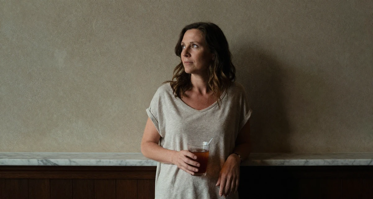 A dreaming Female From Toronto Canada, self-taught in boudoir lighting and set styling in their 33, navigating the complexity of senior leadership, wearing a soft organic cotton clothing, holding a cold drink in a theater stage.