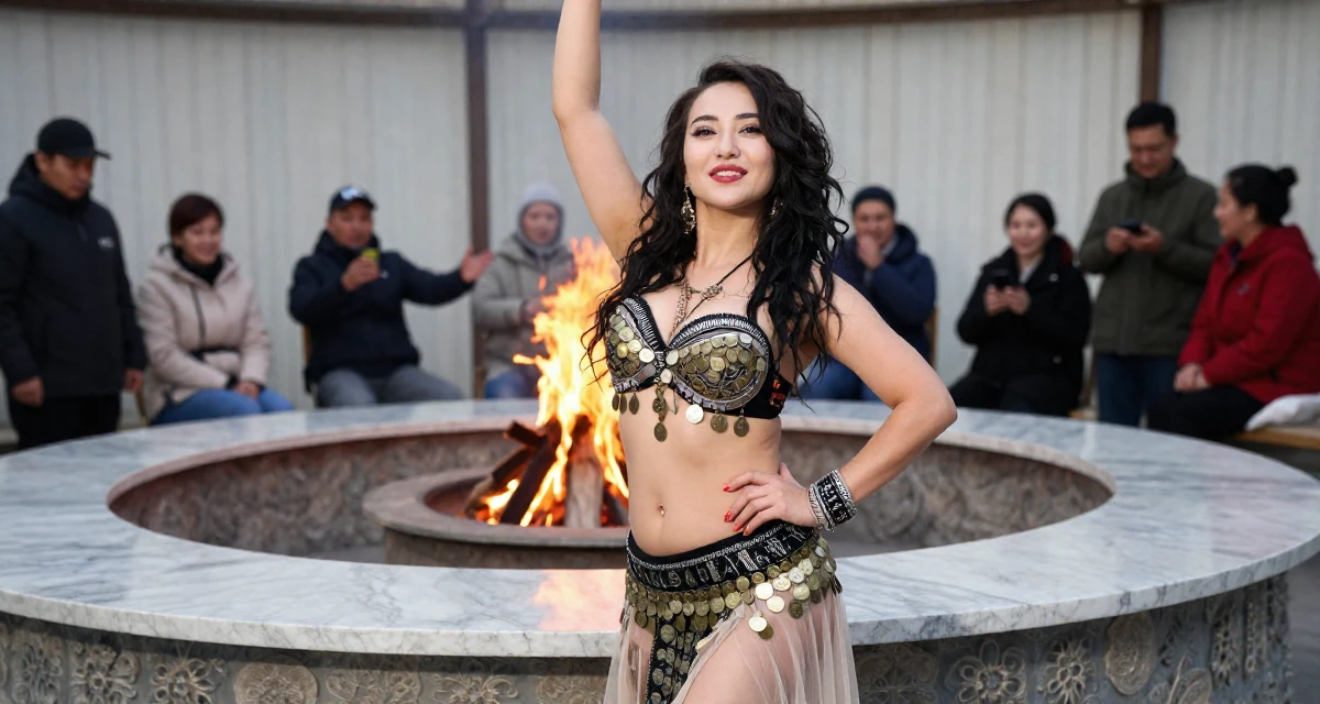 A victorious Female From Kyrgyzstan, majored in public health in their 37, embracing the chaos of family life with humor, wearing a belly dancer outfit with sheer fabrics and coins, adjusting a belt in a campfire circle.