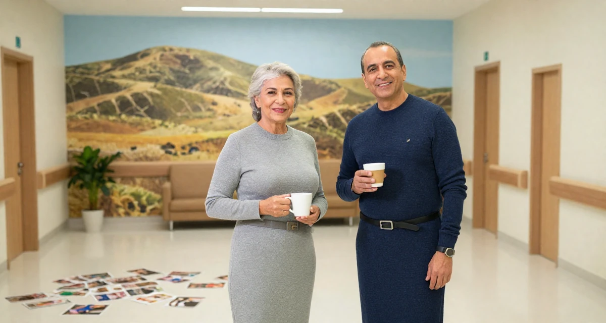 A glowing male From Dubai UAE, majored in luxury branding and lifestyle presentation in their 40, supporting aging parents, wearing a form-fitting sweater dress with a belt, holding a cup of coffee in a hospital corridor.