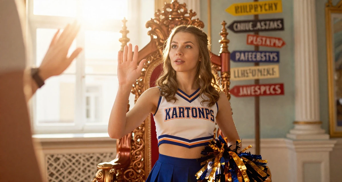 A captivating Female From Moscow Russia, majored in linguistics in their 23, making decisions that will shape future lifestyle, wearing a cheerleader uniform with a cropped top and pom-poms, waving to someone in a royal palace throne room.