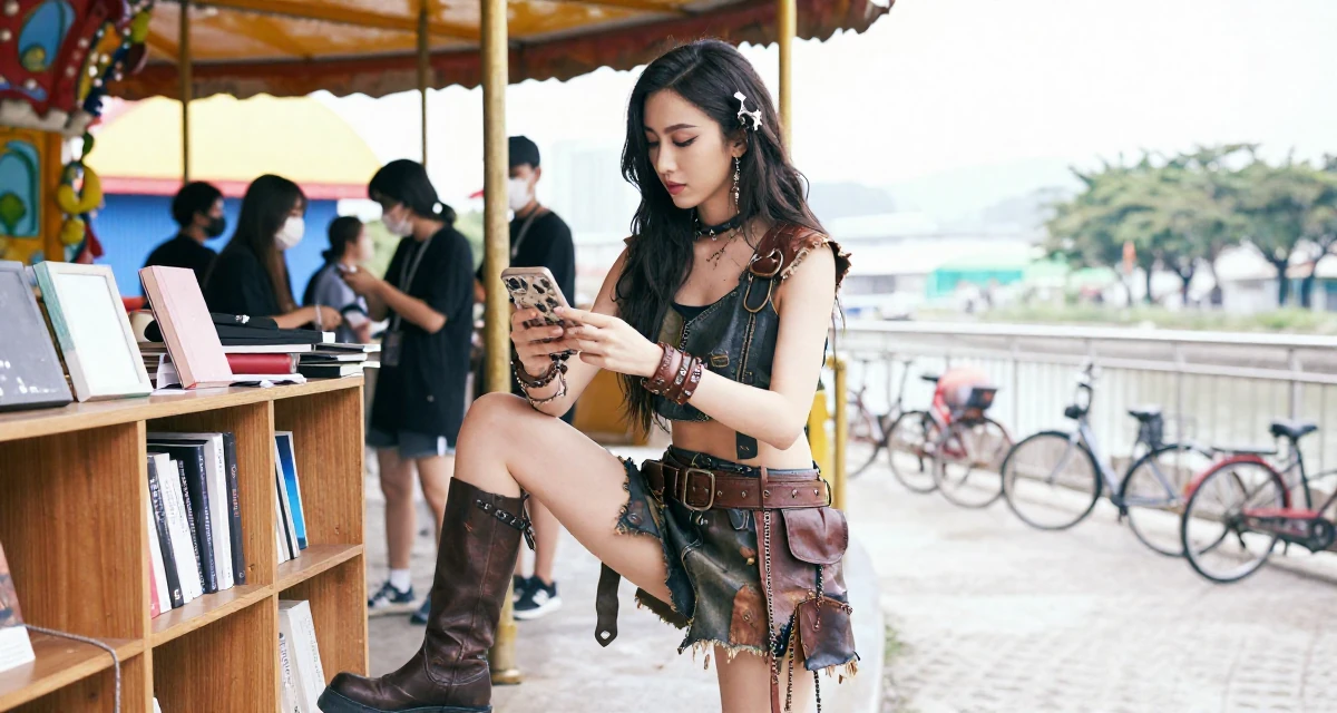 A quietly confident Female From Macau, learned performance makeup from casino backstage crews in their 20, exploring identity through bold fashion choices, wearing a post-apocalyptic scavenger outfit with distressed leather, inspecting an object in a carnival with rides.