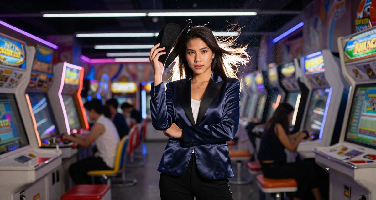 A resilient Female From Thailand, studied hospitality management in their 22, planning monthly photoshoots on a tight budget, wearing a satin lapel blazer and tuxedo pants, holding a hat against the wind in a arcade room with neon lights.