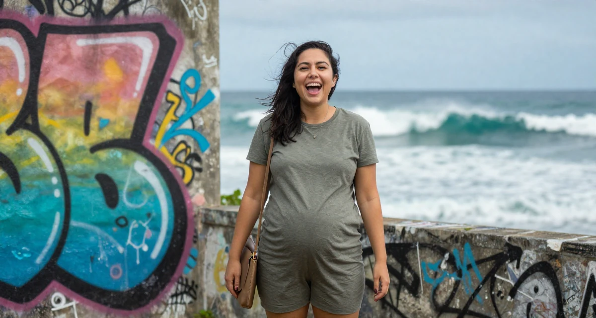 A ecstatic Female From Australia, based in Gold Coast, graduated from a media academy majoring in sensual creative direction in their 31, sharing the reality of post-partum recovery, wearing a comfortable urban casual outfit, clutching a clutch bag in a graffiti art wall.