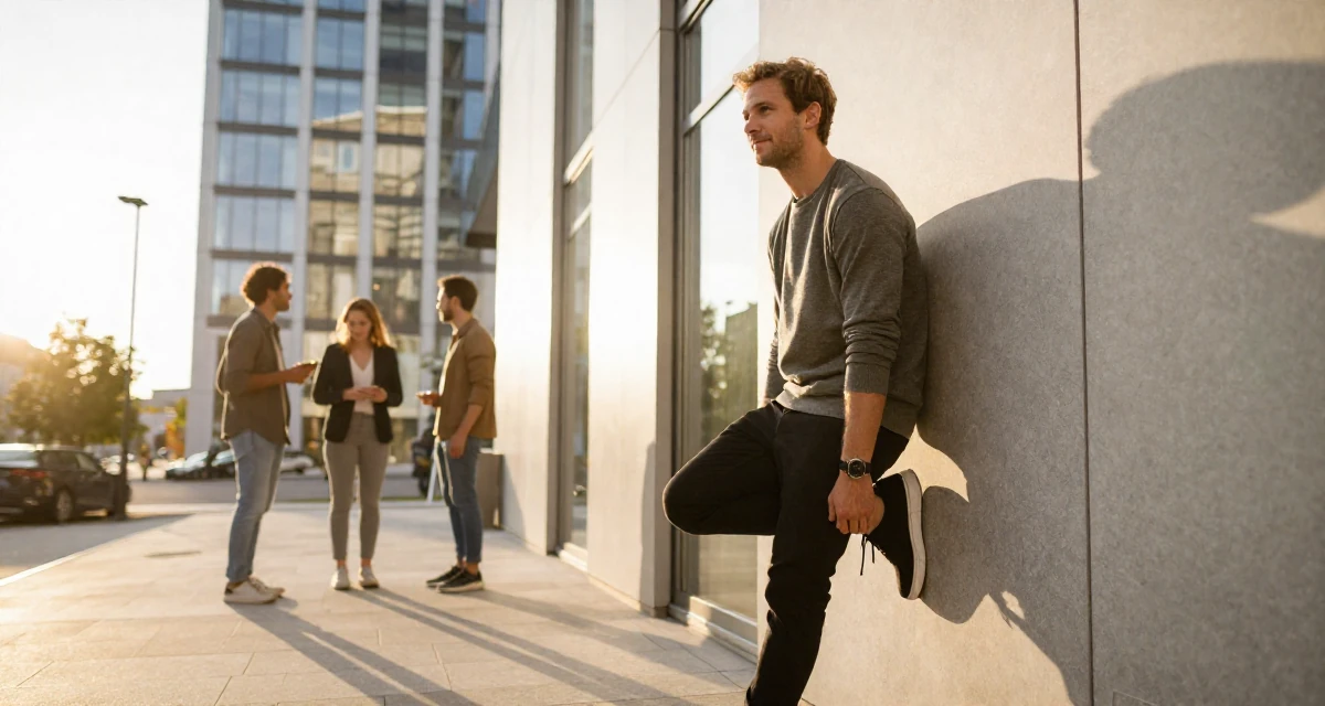 A quietly content male From Sweden, trained in interior architecture in their 28, leading a small team for the first time, wearing a comfortable urban casual outfit, tying a shoelace in a modern skyscraper lobby.