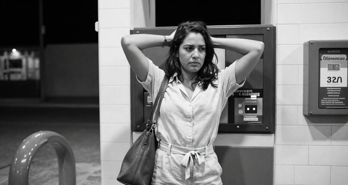 A nostalgic Female From Mexico, based in Guadalajara, graduated from a cultural academy majoring in expressive body movement in their 22, worrying about disappointing early supporters, wearing a chic summer linen outfit, carrying a leather handbag in a gas station at night.