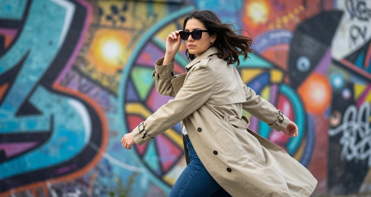 A calmly observant Female From USA, studied anthropology and folklore in their 34, creating content about pet care and training, wearing a stylish trench coat over basics, putting on sunglasses in a graffiti art wall.