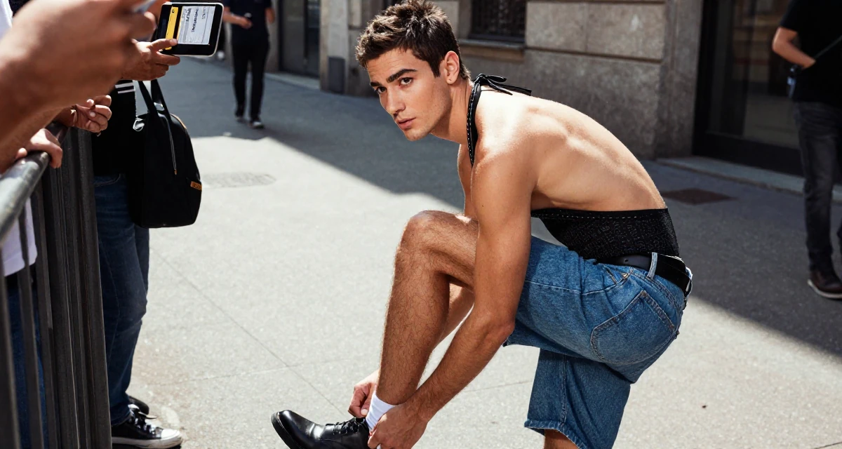 A reflective male From Milan Italy, trained in fashion-editorial posing in their 25, learning boundaries the hard way from pushy fans, wearing a backless halter top and denim shorts, holding a subway card in a city sidewalk.
