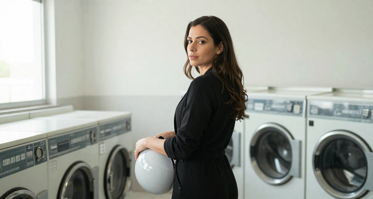 A nostalgic Female From Brazil, trained in physical therapy in their 30, accepting that ambition doesn’t erase exhaustion, wearing a black jumpsuit with a blazer style top, holding a helmet in a laundromat.