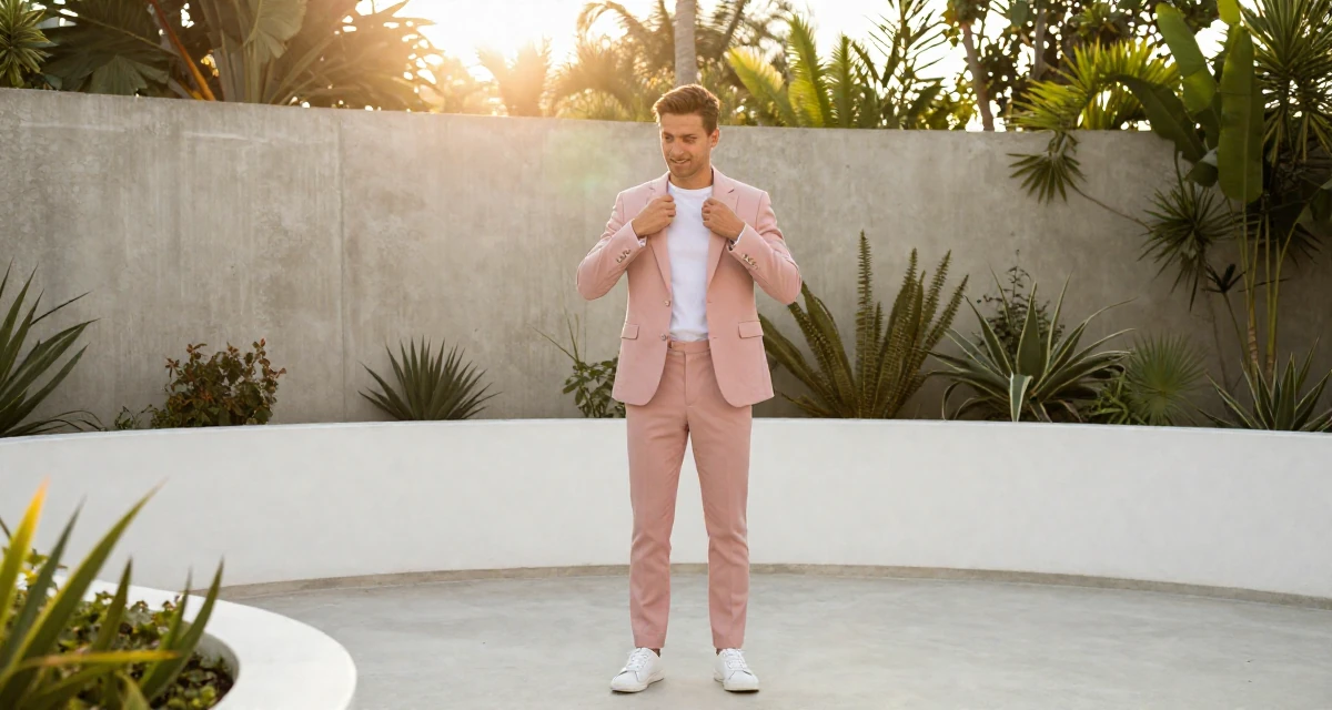 A playful male From Czech Republic, studied photography and cinematography in their 23, learning how to say “no” to requests outside comfort, wearing a tailored pantsuit in pastel pink with a white top, adjusting a collar in a botanical garden.