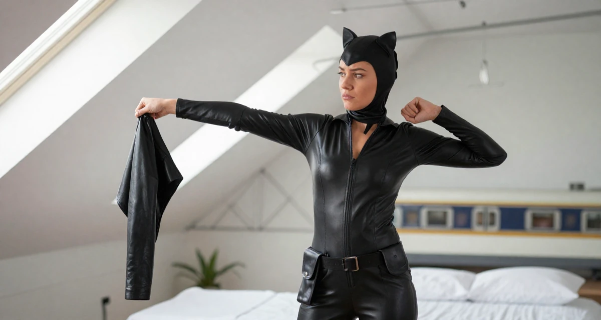 A confused Female Former receptionist at a spa, now blending wellness with creator content in their 25, adjusting to newfound independence, wearing a tight leather cat burglar suit with a utility belt, stretching arms after waking in a attic room.