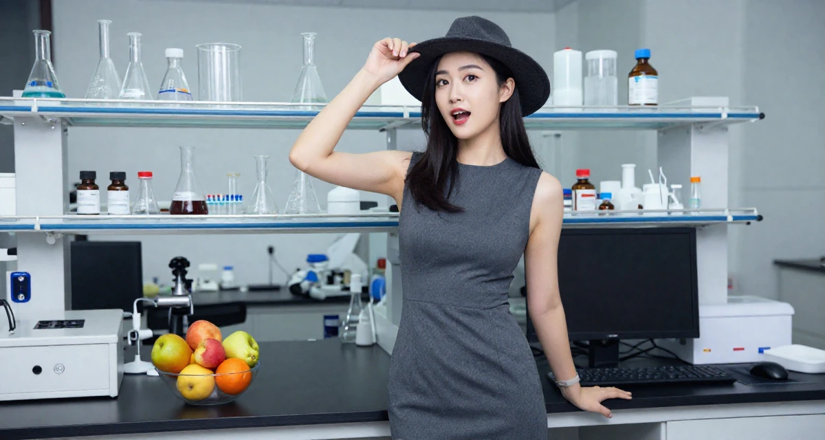 A enthusiastic Female From China, majored in journalism in their 30, first-time entrepreneur building a startup, wearing a sheath dress in charcoal grey that hugs the curves, adjusting a hat in a science lab.