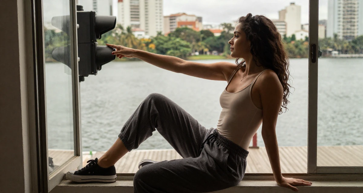 A sensual Female From São Paulo Brazil, studied digital entertainment in their 23, elevating content toward more polished sensual visuals, wearing a high-cut bodysuit paired with loose jogging bottoms, waiting for a light to change in a serene lakeside dock.