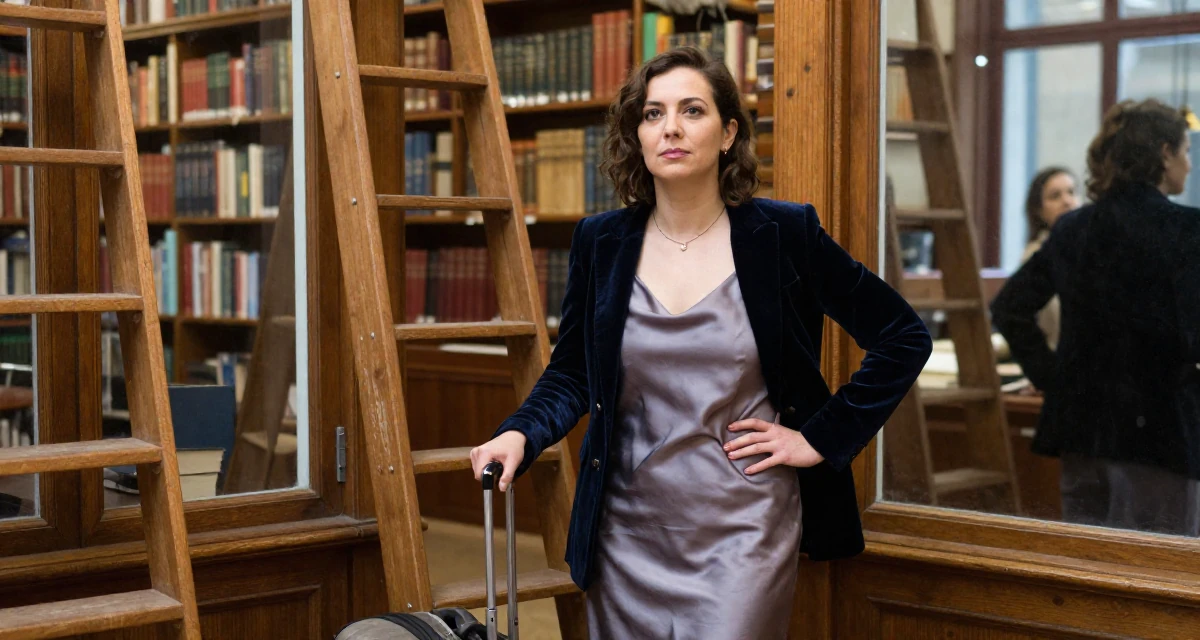 A proud Female From Montreal Canada, holds a degree in French literature in their 23, learning to set boundaries with bosses, wearing a velvet blazer and a silk slip dress, pulling a suitcase in a old library with wooden ladders.