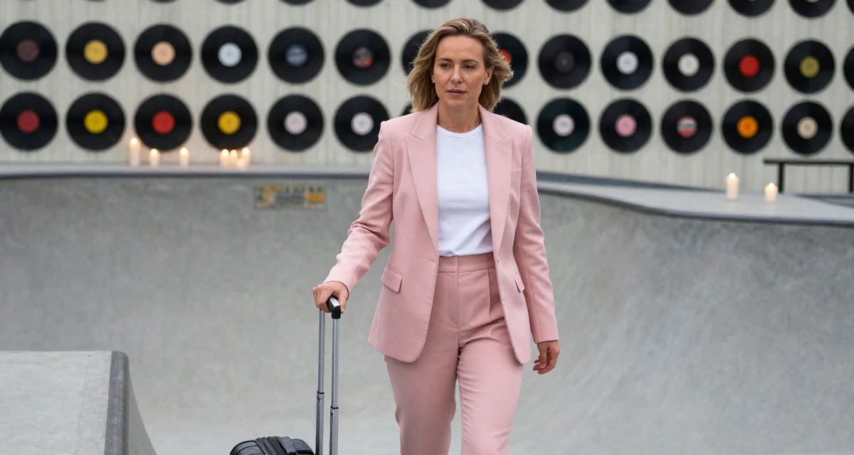 A carefree Female From Norway, based in Stavanger, graduated from a cultural college majoring in mood-centered photography in their 40, re-evaluating life goals with clarity, wearing a tailored pantsuit in pastel pink with a white top, polling a luggage handle in a skate park.
