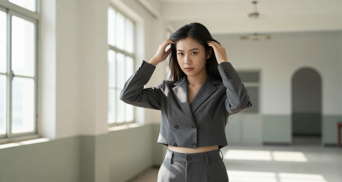 A dignified Female From Vietnam, based in Nha Trang, graduated from a media school majoring in soft-romantic content direction in their 22, learning to advocate for personal boundaries, wearing a cropped business jacket and high-waisted pants, retouching hair volume in a abandoned hospital.