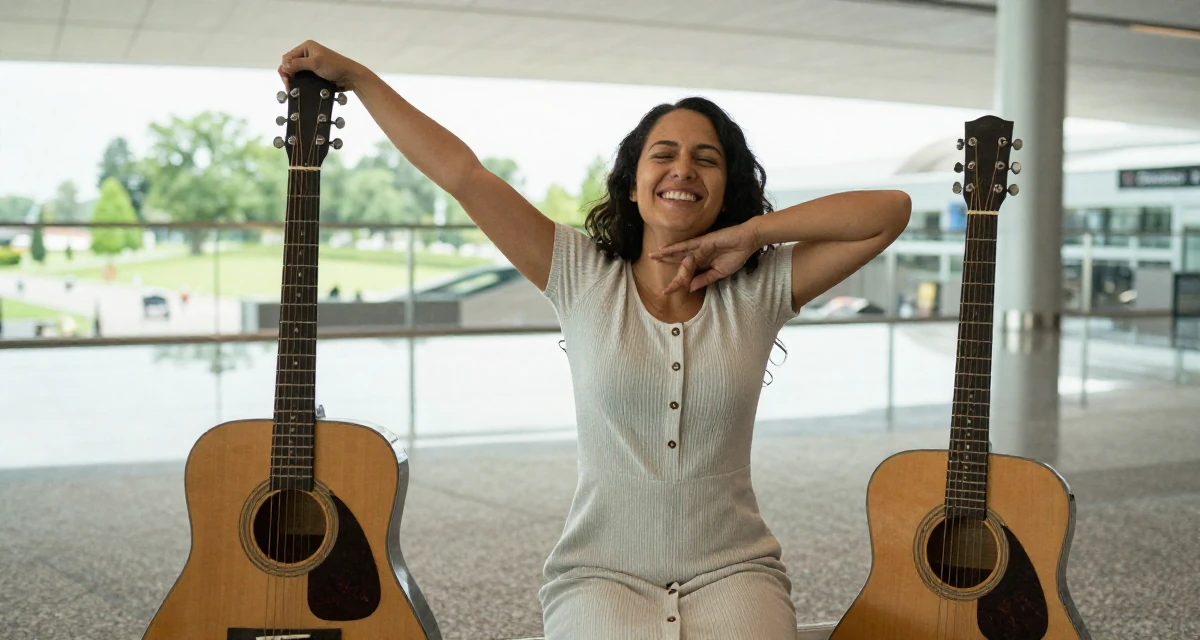 A victorious Female Grew up in Ireland, majored in digital marketing in their 22, balancing personal dating life with creator identity, wearing a ribbed cotton dress with buttons down the front, stretching the neck in a airport terminal.