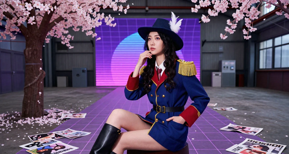 A observant Female From China, based in Chengdu, graduated from a vocational college majoring in digital communication in their 24, figuring out how to manage trolls and harassment, wearing a royal musketeer tunic with a feathered hat, sliding a hand into a pocket in a industrial warehouse.