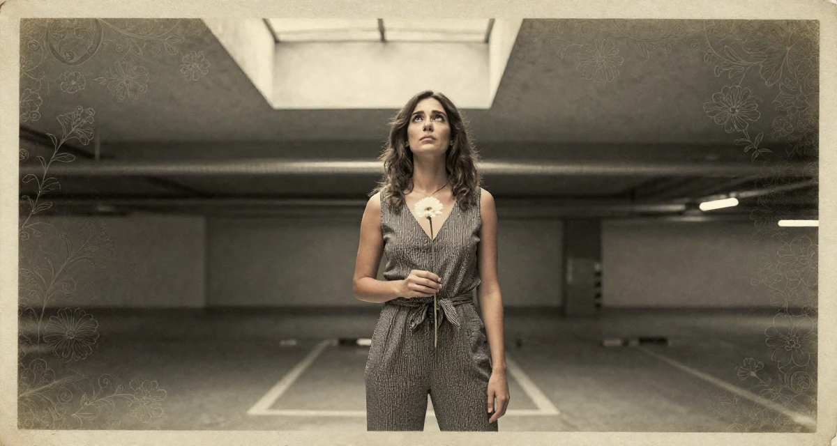 A unimpressed Female From Spain, majored in journalism in their 32, advocating for work-life boundaries, wearing a chic jumpsuit styling, holding a single flower in a underground parking garage.