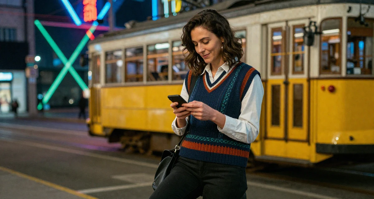 A satisfied Female Once an art school dropout, now a self-taught creator with signature style in their 40, starting a second business venture, wearing a preppy sweater vest combo, inspecting an object in a neon-lit street.