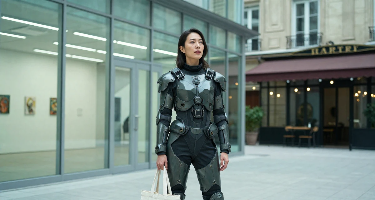 A inspired Female From Kaohsiung Taiwan, started modeling while studying visual design in their 50, launching a second act career with passion, wearing a biopunk organic armor suit, carrying a tote bag in a art gallery hall.